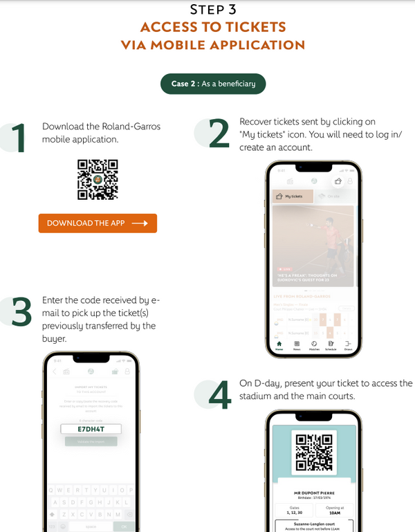 GoalTickets French Open mobile transfer process screenshot showing ticket delivery to mobile device