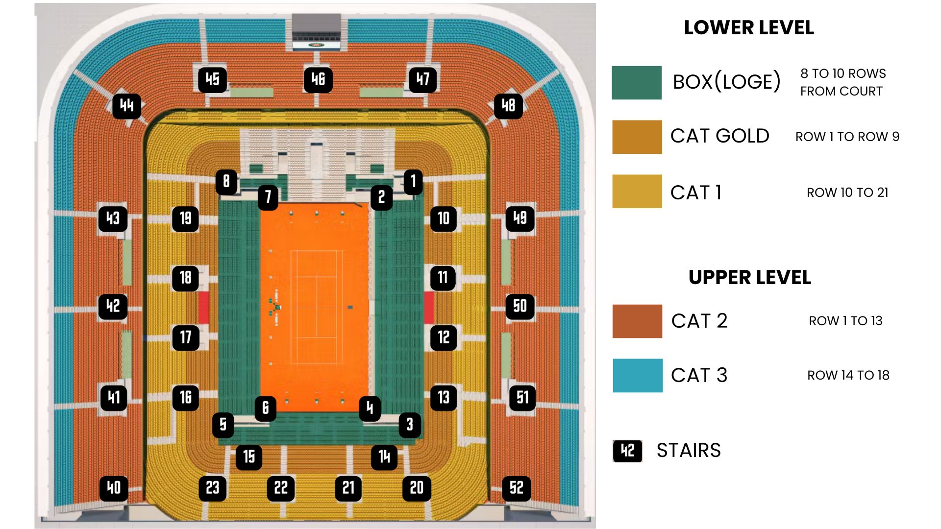 Court Philippe-Chatrier detailed seating chart showing all sections, categories, and entrance locations for French Open 2027