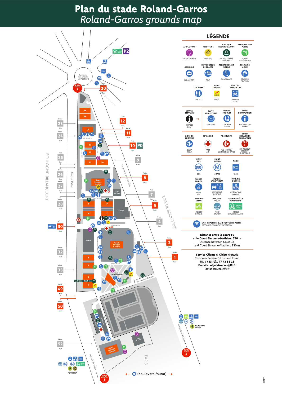 Detailed Roland-Garros Stadium Map with all court locations and facilities
